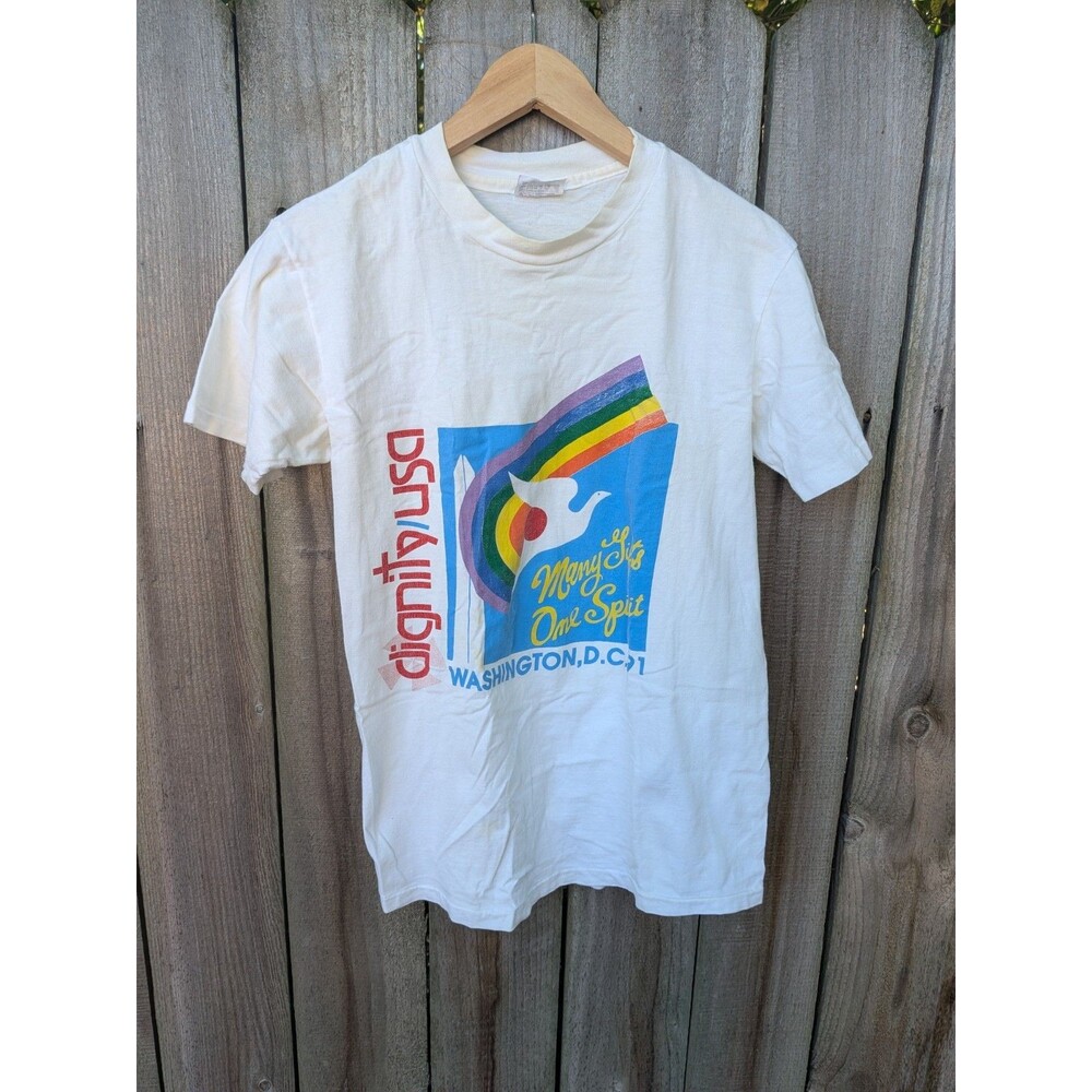 Vintage Dignity USA T Shirt Short Sleeve Medium Gay Catholic 1991 Rainbow
